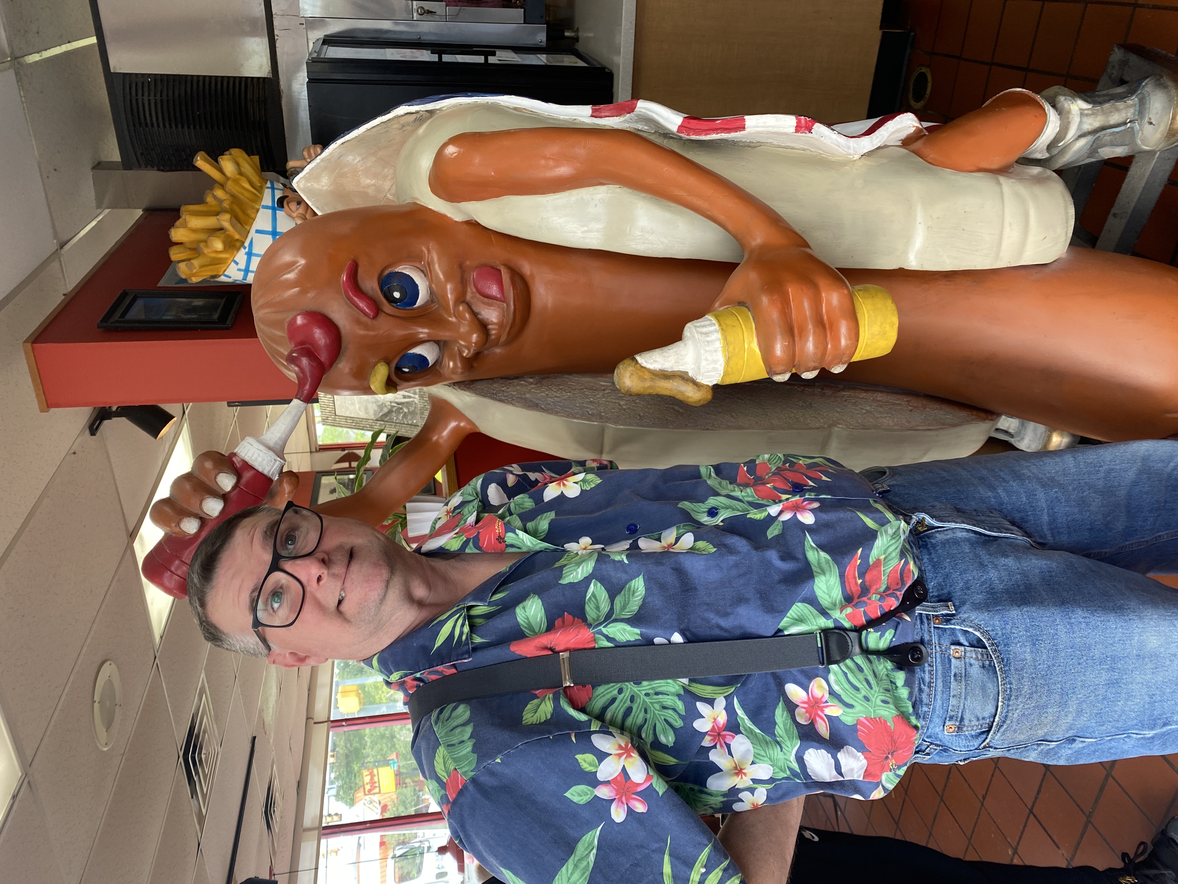 Mike with the Hot Dog statue