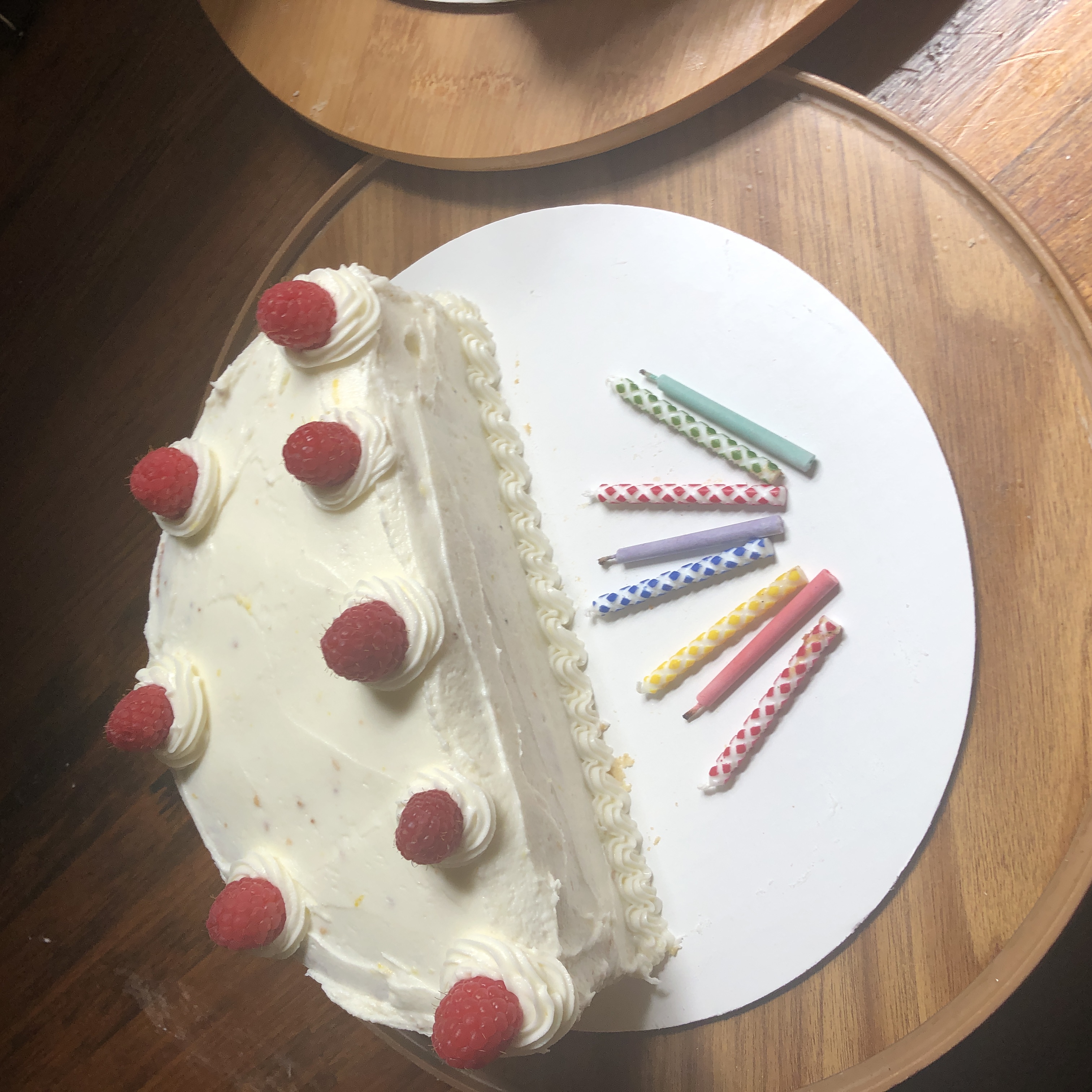 Raspberry decorated birthday cake